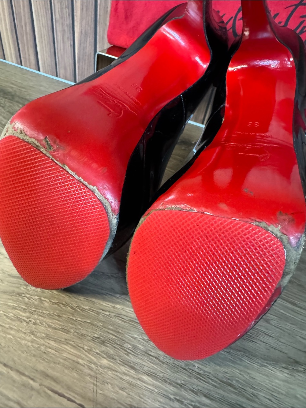 Christian Louboutin Black Patent Peep-Toe Red Bottom Platform Pumps, Size 36 - Picture 5 of 16